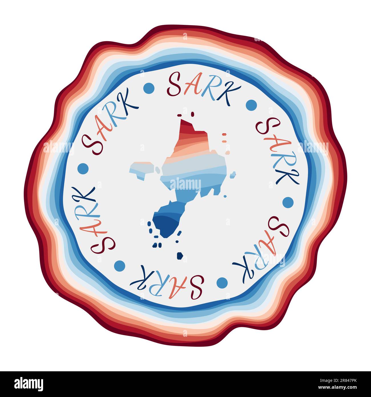 Badge Sark. Carte de l'île avec de belles vagues géométriques et un cadre rouge et bleu vif. Logo Sark rond vif. Illustration vectorielle. Illustration de Vecteur