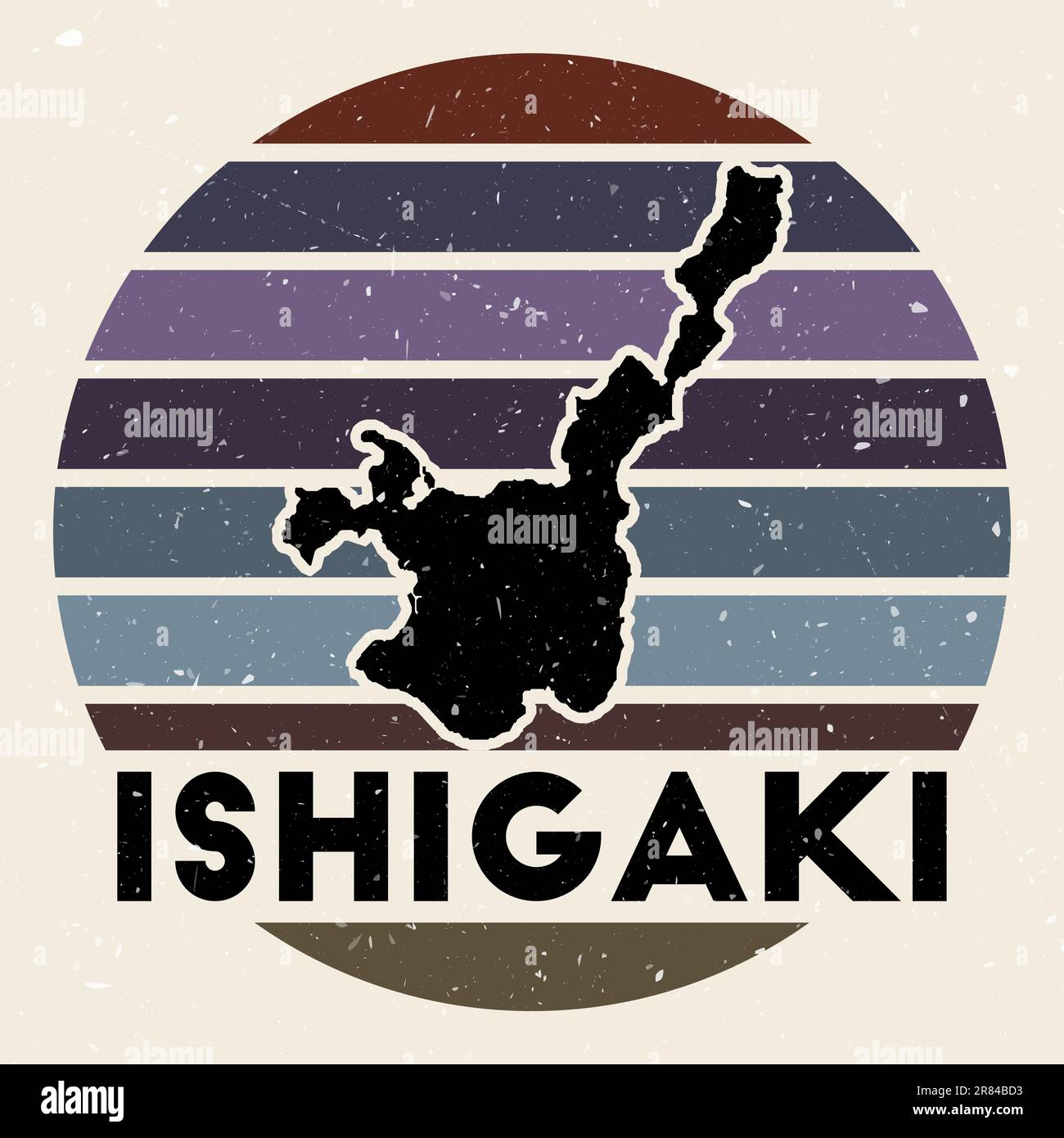 Logo Ishigaki. Signe avec la carte de l'île et des rayures colorées, illustration vectorielle. Illustration de Vecteur