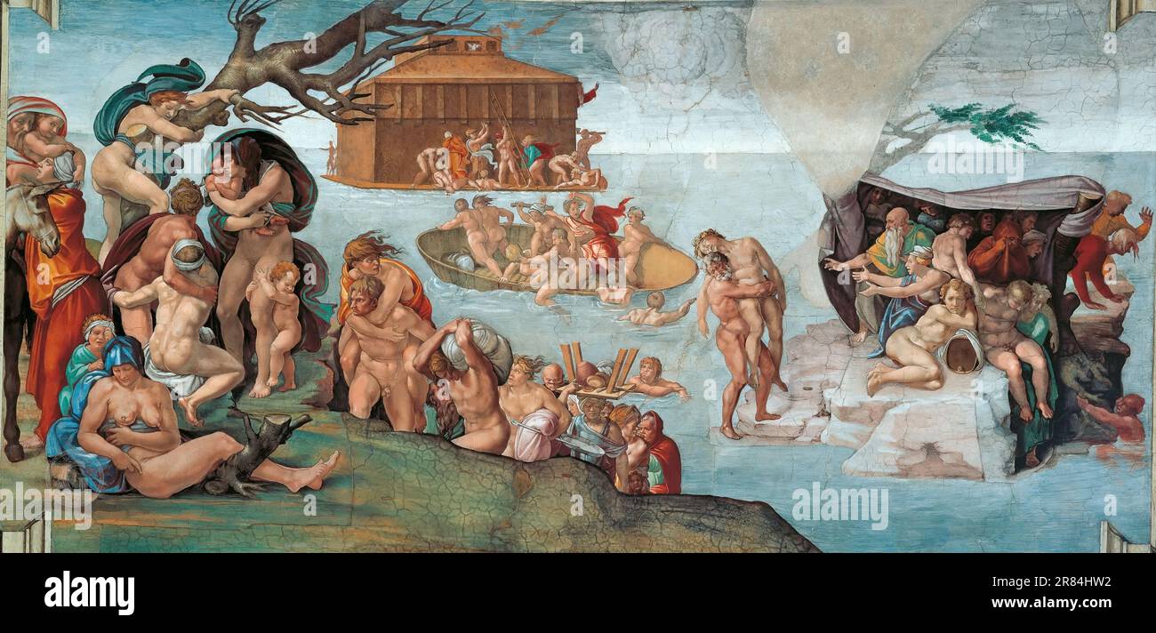 Michel-Ange Buonarroti - le déluge - en arrière-plan est l'arche de Noé, le seul navire qui survive au déluge. Banque D'Images