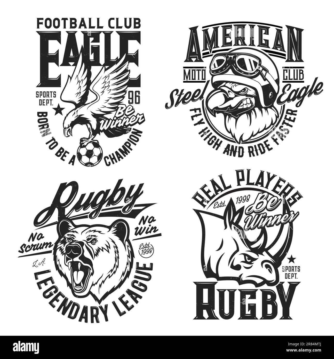 Mascottes ours, rhinocéros et aigle, imprimés t-shirts pour les courses de clubs de sport et de motos, emblèmes vectoriels. Badges de rugby ou de football, clubs universitaires, courses de motocross et rallye speedway Illustration de Vecteur