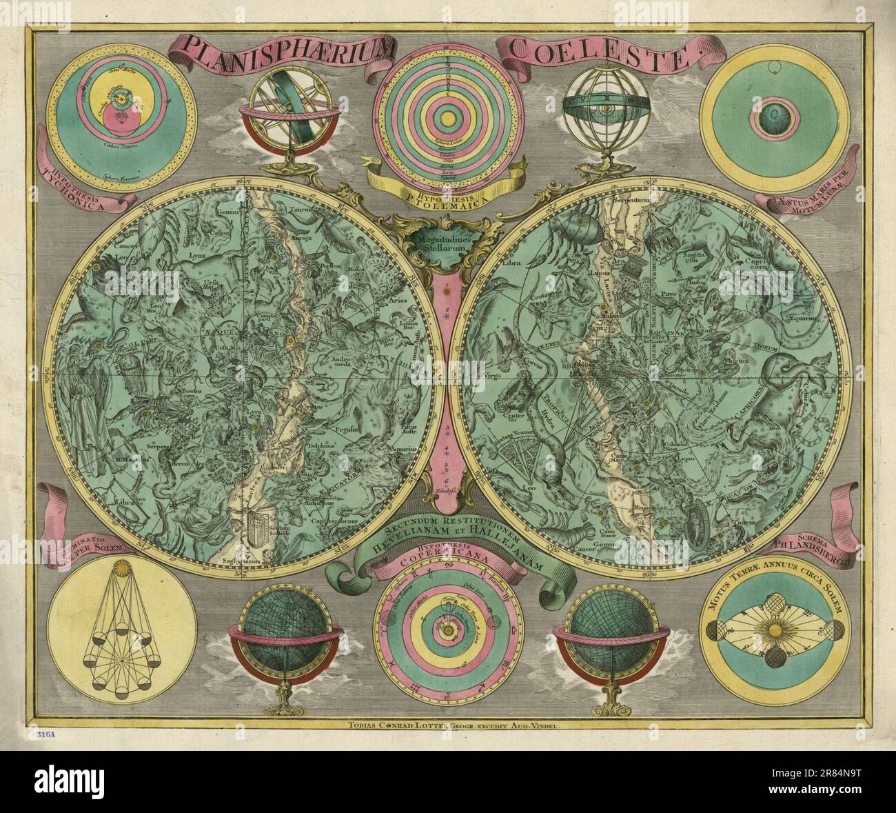 Une carte céleste très décorative à deux hémisphères, centrée sur des pôles, ornée de plus petits diagrammes circulaires illustrant des théories astronomiques Banque D'Images