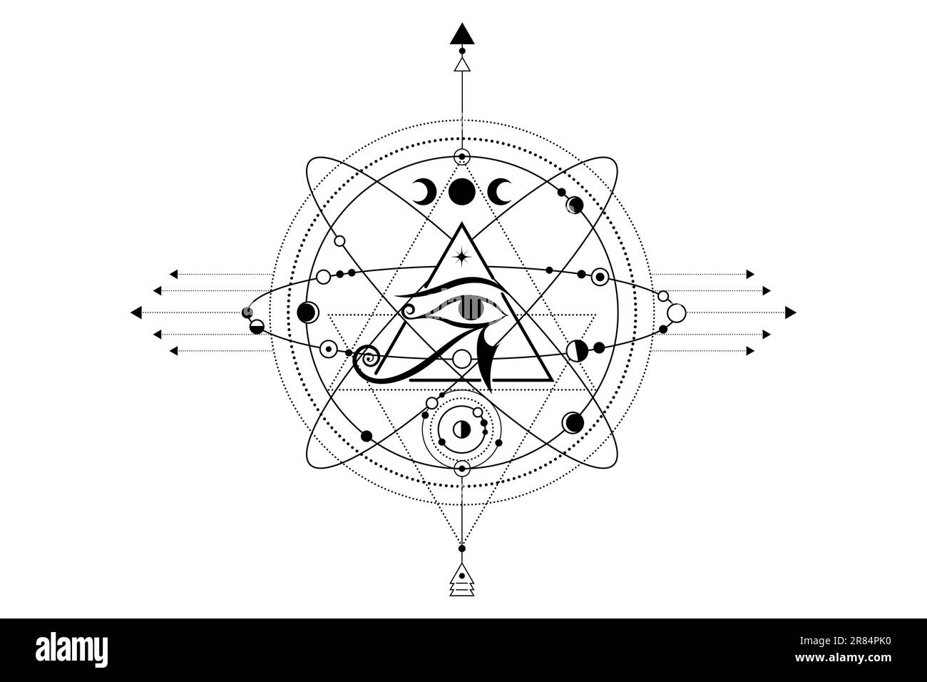 Logo Eye of Horus. L'ancien symbole de la pyramide égyptienne, le troisième oeil, les symboles cosmiques, les orbites de planètes, le système lunaire. Vecteur isolé sur blanc Illustration de Vecteur