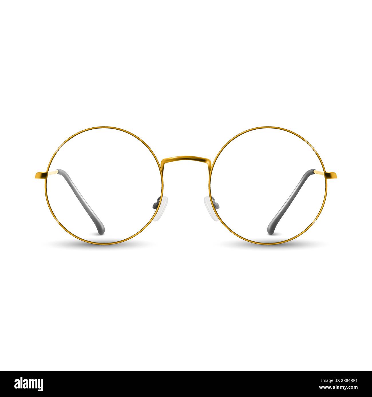 Vector 3D verres à monture ronde jaune doré réaliste. Lunettes de soleil transparentes pour femmes et hommes, accessoire. Optique, objectif, vintage, tendance Illustration de Vecteur