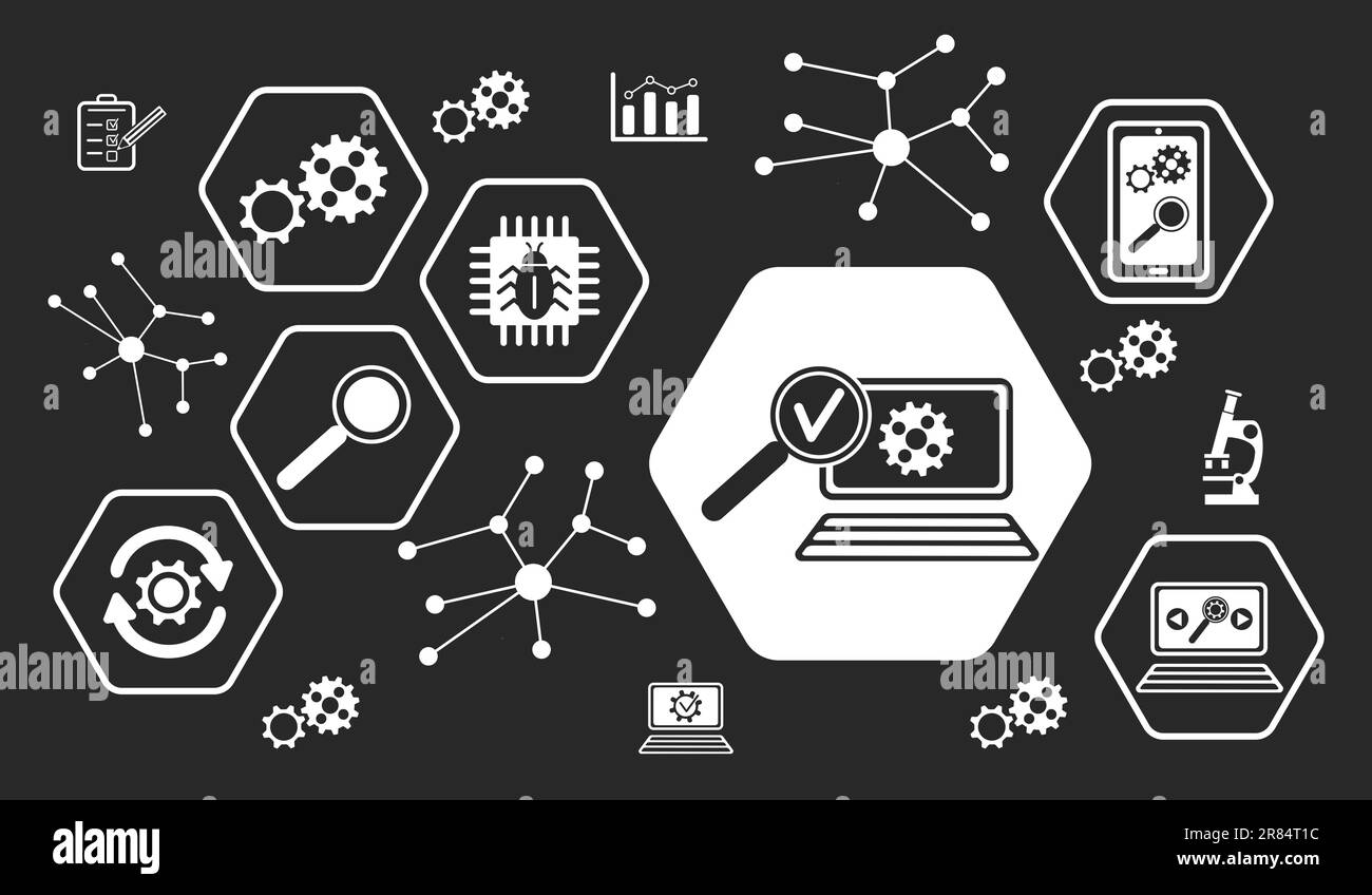 Concept de test de logiciel avec des icônes dans les hexagones Banque D'Images