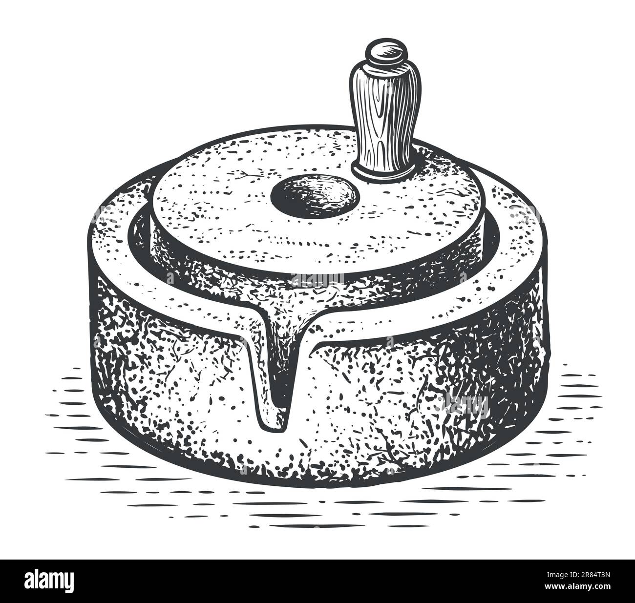 Molette avec support de poignée. Illustration vectorielle d'esquisse dessinée à la main. Transformation des graines de céréales en farine pour la cuisson Illustration de Vecteur