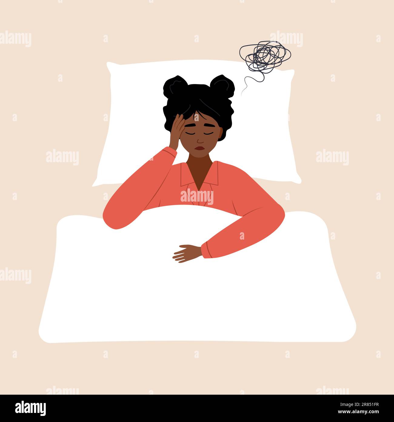 Notion d'insomnie. Une femme africaine fatiguée souffre de maux de tête. Fille sans sommeil couché dans le lit et pensant aux problèmes. Illustration vectorielle à plat Illustration de Vecteur