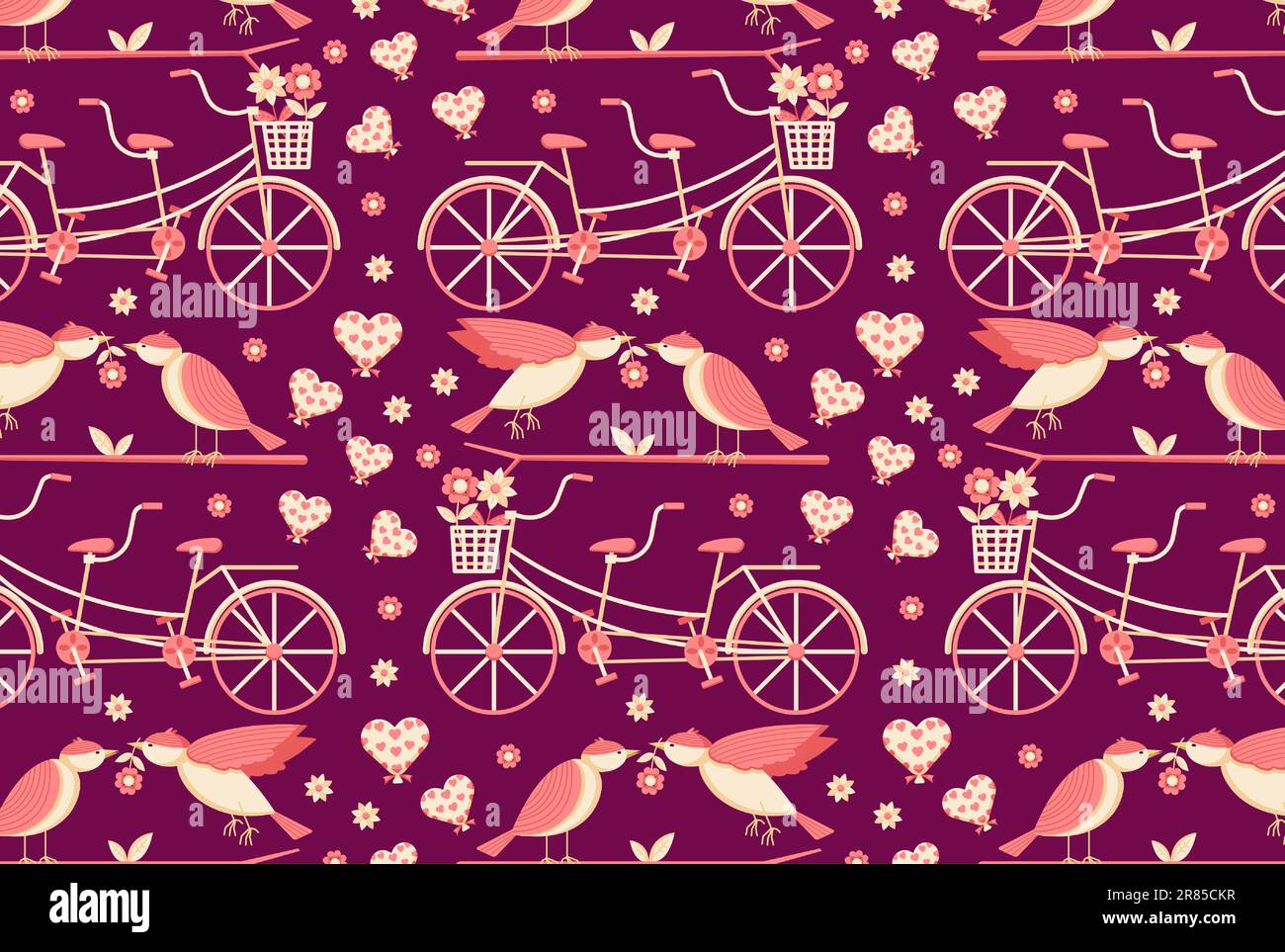 Motif romantique, avec le thème d'une paire d'oiseaux, une paire de vélos doubles, des ballons de coeur et de fleur. Convient aux arrière-plans Illustration de Vecteur