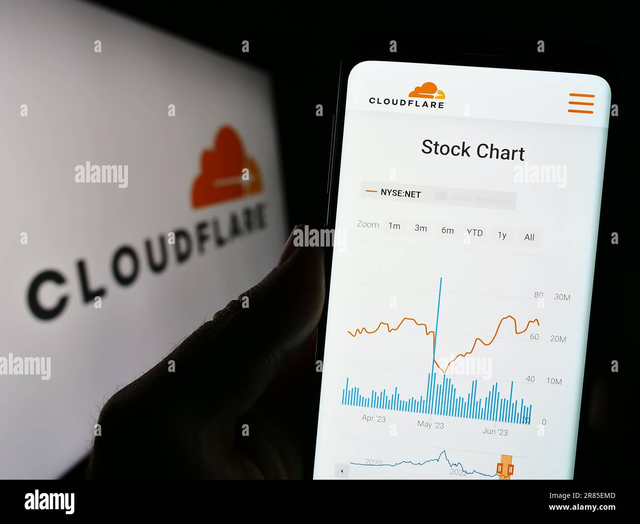Personne tenant un téléphone portable avec le site Web de la société US ICT Cloudflare Inc. À l'écran devant le logo de l'entreprise. Concentrez-vous sur le centre de l'écran du téléphone. Banque D'Images