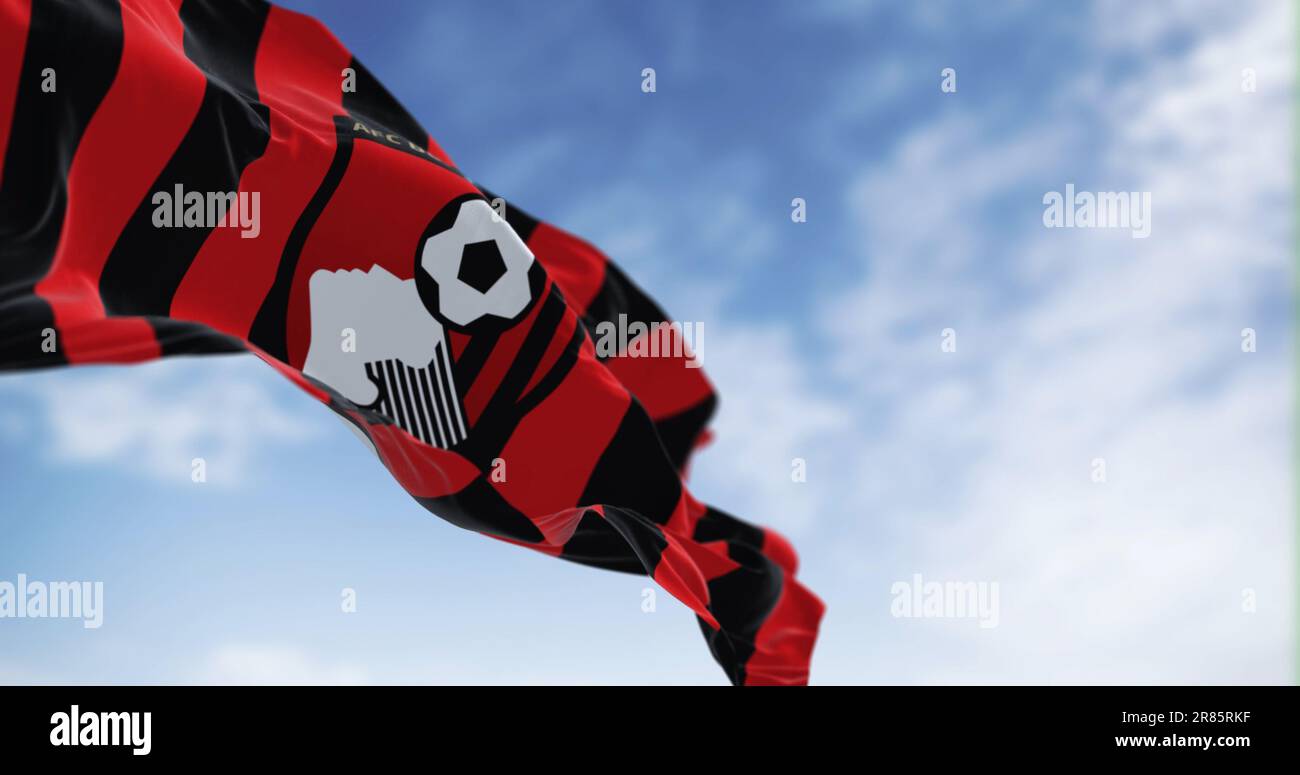 Bournemouth, Royaume-Uni, octobre 2022 : drapeau de Bournemouth AFC. Club de football anglais basé à Kings Park, Boscombe. Illustration éditoriale 3D illustration r Banque D'Images