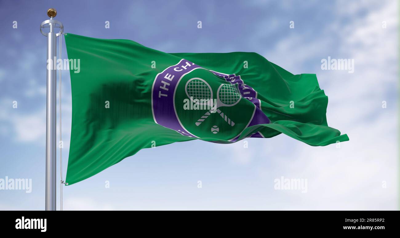 Londres, Royaume-Uni, mai 2023 : drapeau avec le logo du championnat de Wimbledon qui agite dans le vent. Le tournoi de Wimbledon est un tournoi de tennis majeur. Ilustativ Banque D'Images