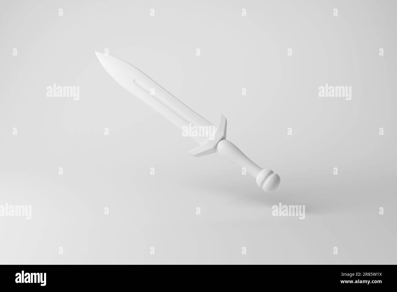 Épée courte blanche flottant dans les airs sur fond blanc en monochrome et minimalisme. Illustration du concept de guerre, d'attaque et de défense Banque D'Images