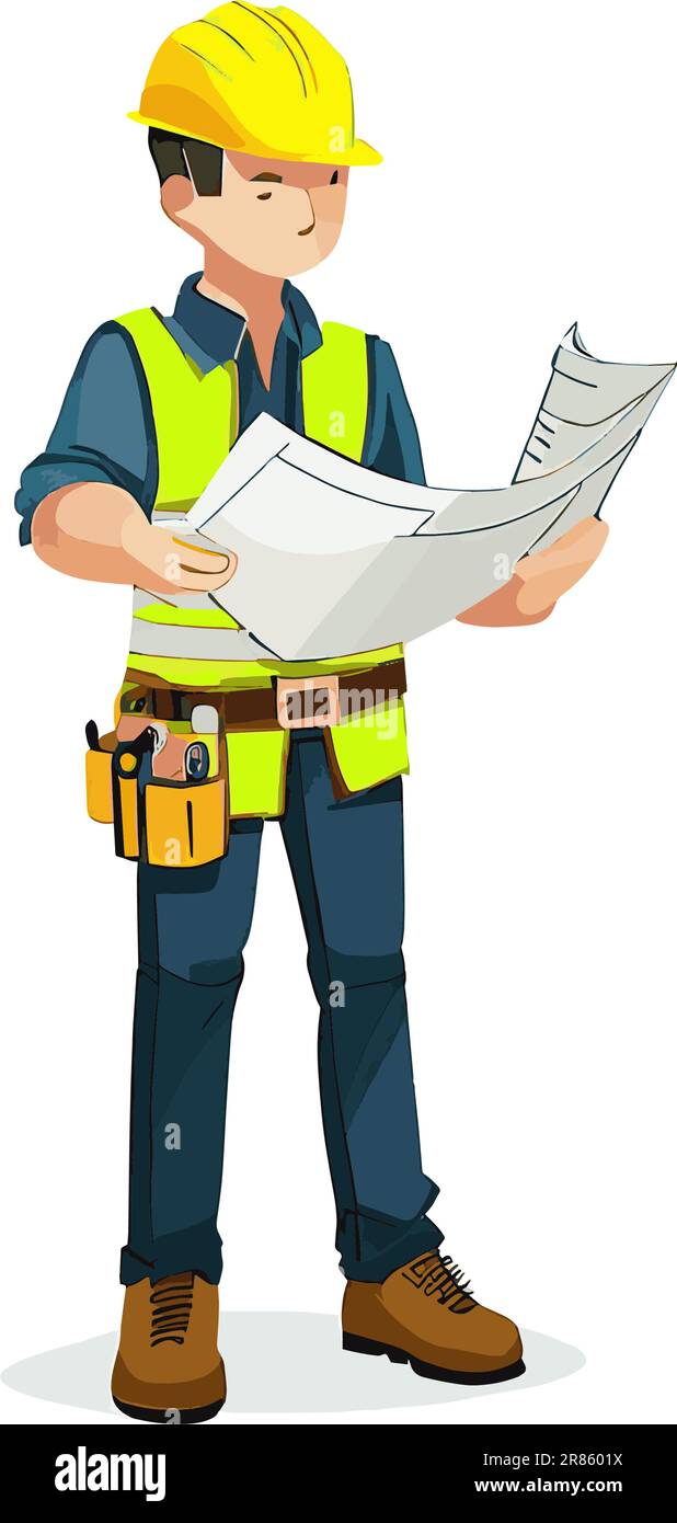 Homme ouvrier de construction lisant un plan isolé sur fond blanc. Illustration vectorielle Illustration de Vecteur