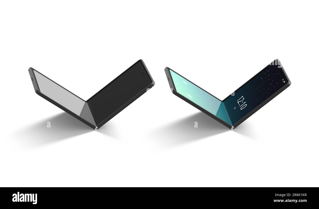 Activé Désactivé maquette à moitié repliée de l'écran du téléphone à coque flexible, rendu 3D. Innovation vide maquette d'écran d'accueil pliable, isolée. Mode d'effacement Banque D'Images