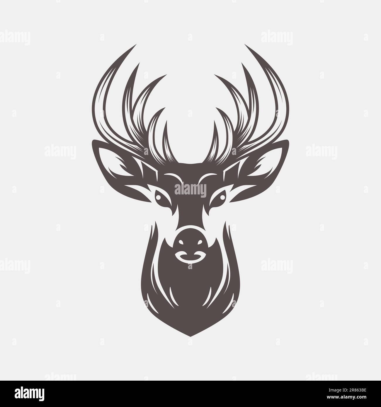 Tête de cerf Vector avec cornes, Antlers. Portrait noir et blanc de renne dessiné à la main avec contour, vue de face. Modèle de conception pour la faune, les chasseurs Illustration de Vecteur