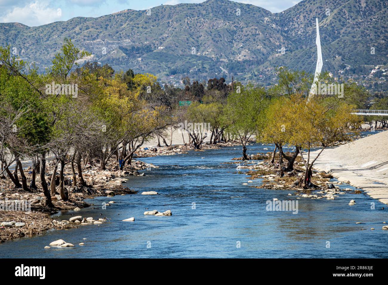 La plupart de la végétation a été évacuée le long de la rivière Los Angeles après de fortes pluies et une tempête, Glendale Narrows, Los Angeles, Californie, États-Unis Banque D'Images