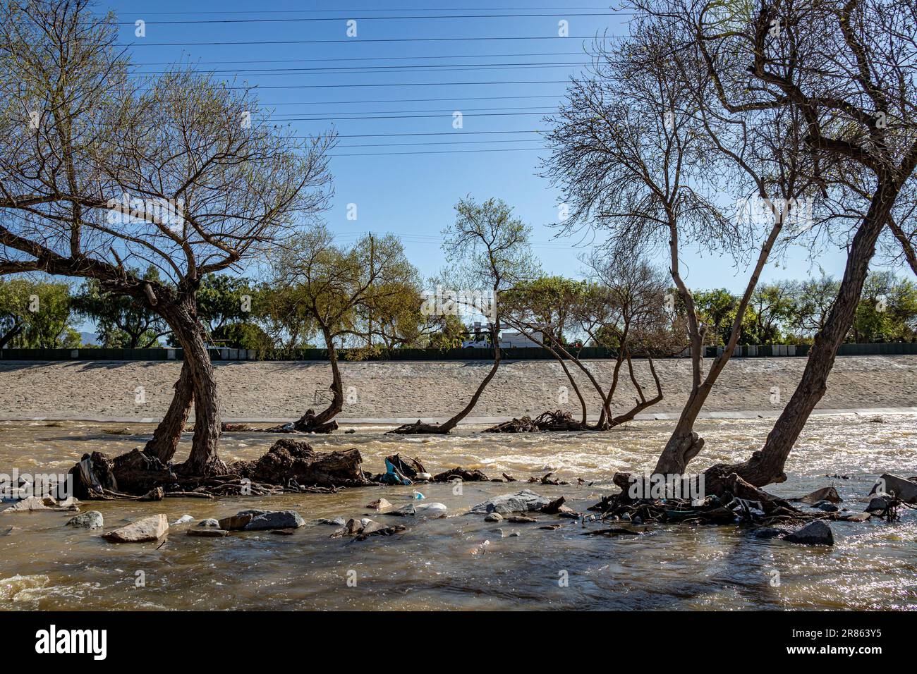 La plupart de la végétation a été évacuée le long de la rivière Los Angeles après de fortes pluies et une tempête, Glendale Narrows, Los Angeles, Californie, États-Unis Banque D'Images