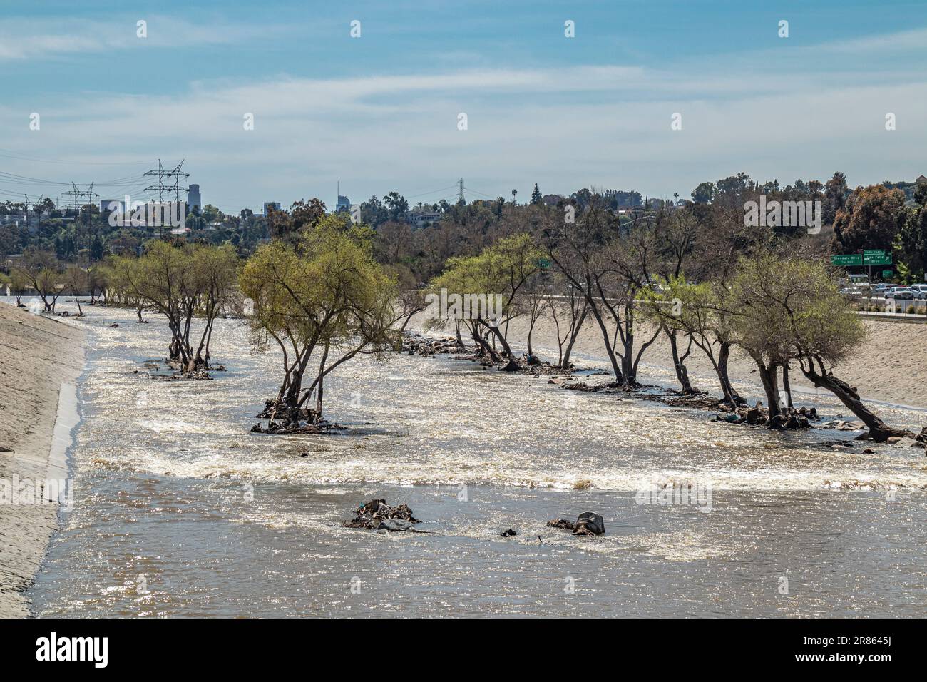 La plupart de la végétation a été évacuée le long de la rivière Los Angeles après de fortes pluies et une tempête, Glendale Narrows, Los Angeles, Californie, États-Unis Banque D'Images