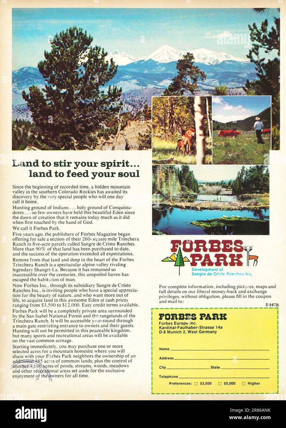 Forbes Park Colorado publicité dans un magazine 1978 Forbes Park. Forbes Park est une communauté protégée par alliance, située dans les Monts Sangre de Cristo Banque D'Images