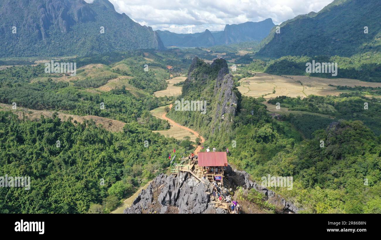 Belle photo aérienne du point de vue de Nam Xay à Vang Vieng Laos Banque D'Images