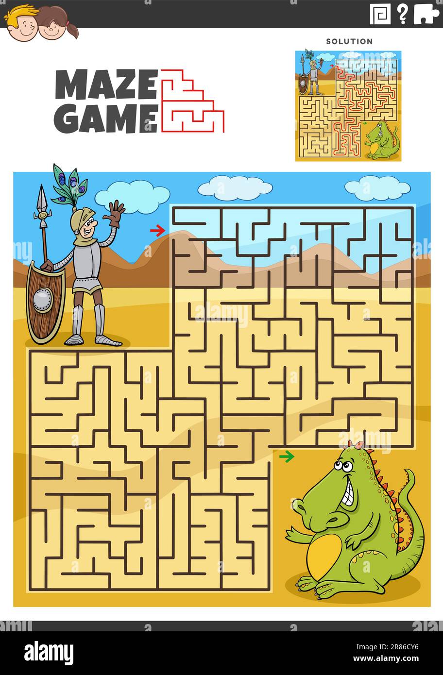 Illustration de dessin animé de l'activité pédagogique de puzzle de labyrinthe avec chevalier drôle et dragon Illustration de Vecteur