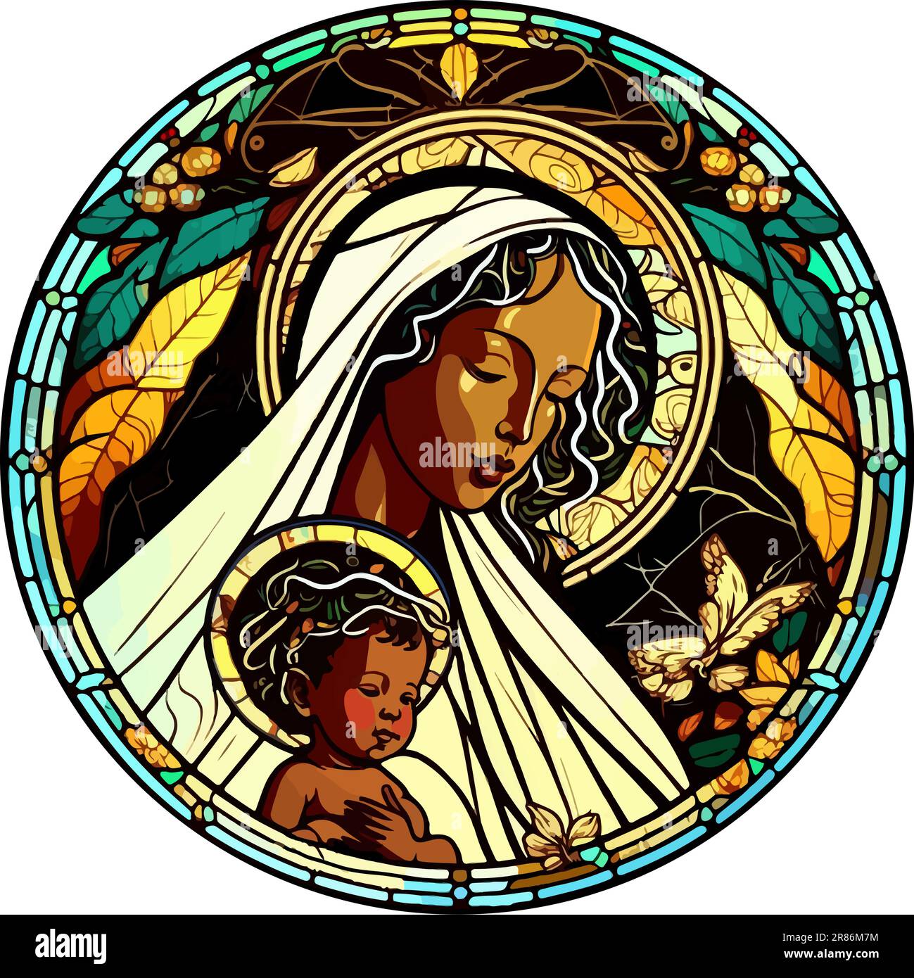 Vecteur de Marie africaine et de bébé Jésus, circulaire, style vitrail Illustration de Vecteur