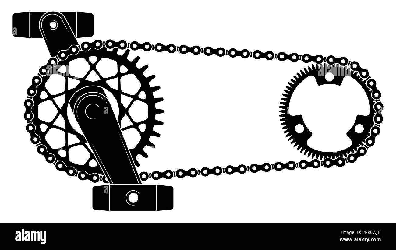 Entraînement par chaîne de vélo. Mécanisme d'engrenage avec roue dentée et courroies d'entraînement de vélo, mécanisme de changement de vitesse à pédale de transport urbain. Illustration vectorielle. Équip Illustration de Vecteur