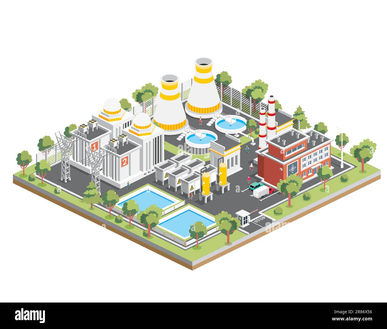 Centrale nucléaire isométrique. Énergie propre. Générer de l'électricité. Vue extérieure du réacteur nucléaire. Illustration vectorielle. Elément d'infographie isolé Illustration de Vecteur