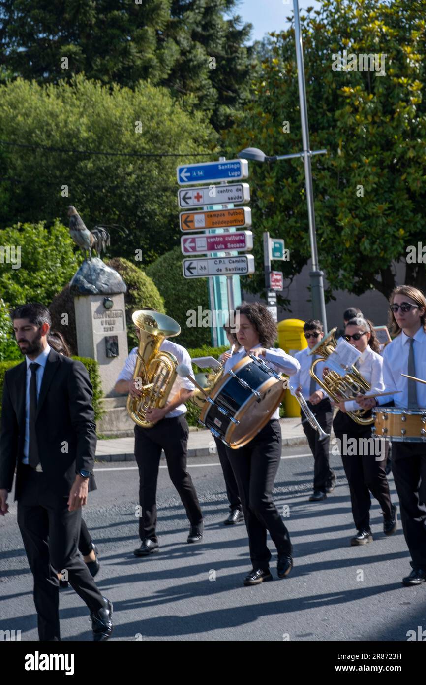 O Pedrouzo, O Pino Galice, Espagne - 11 juin 2023. Musiciens à la célébration du Corpus de Arca 2023 Banque D'Images