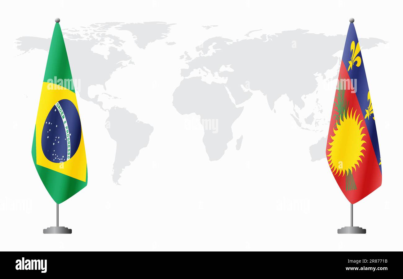 Drapeaux du Brésil et de la Guadeloupe pour une réunion officielle sur fond de carte du monde, vecteur Illustration de Vecteur
