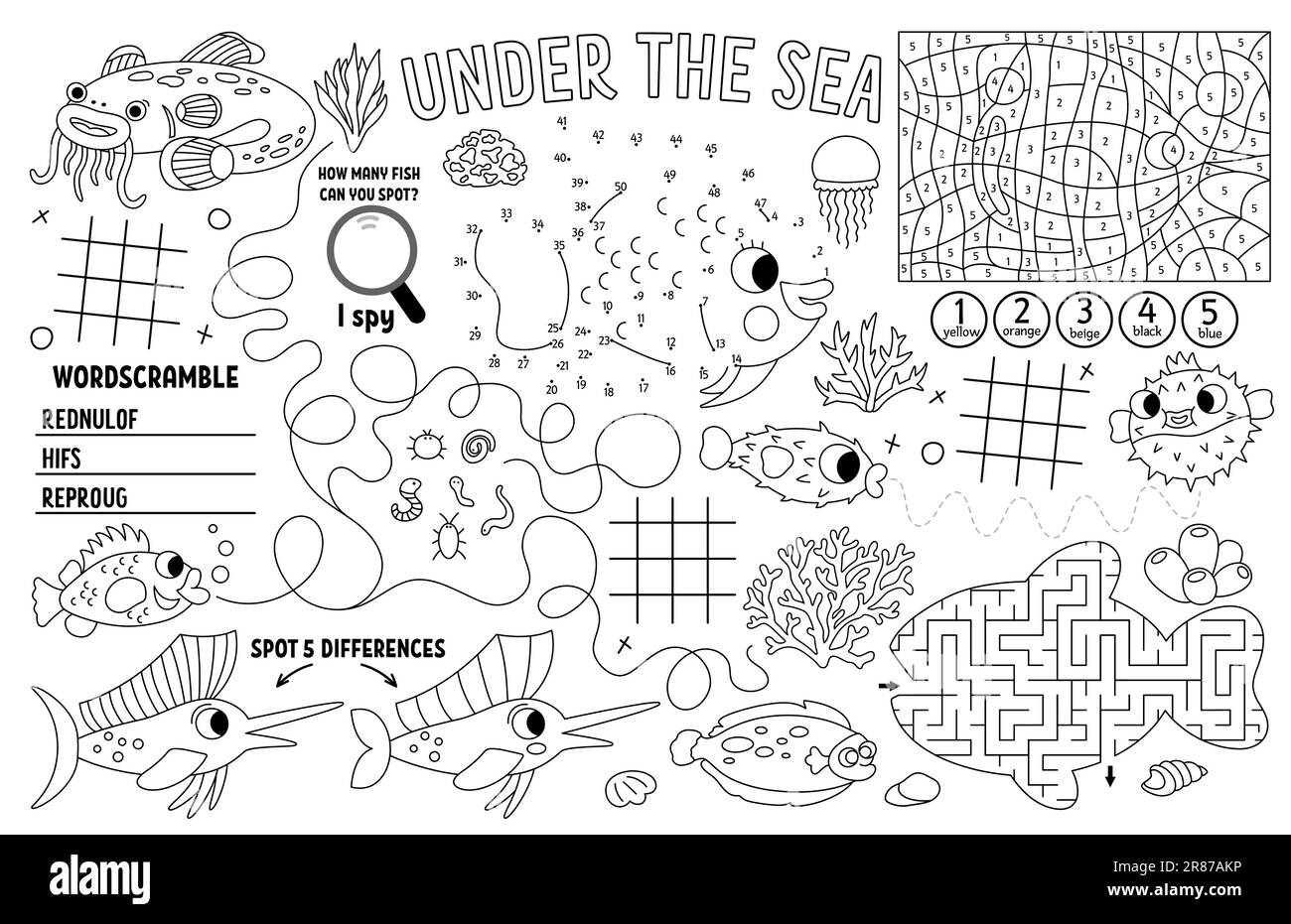 Vecteur sous la mer placemat pour les enfants. Ocean Life imprimable tapis d'activité avec labyrinthe, titic tac toe charts, connecter les points, trouver la différence. Sous l'eau Illustration de Vecteur