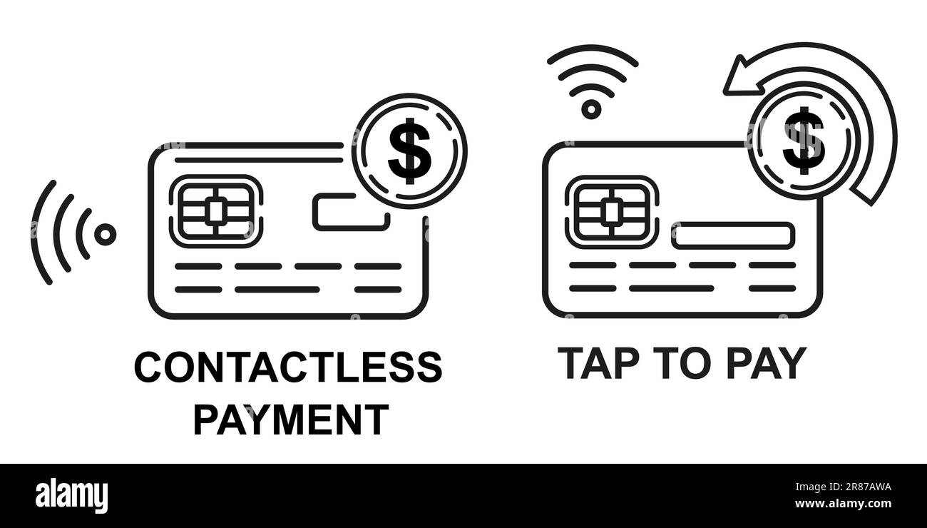 Carte à puce bancaire de paiement sans fil sans contact, NFC appuyer sur l'icône de ligne de paiement. Transfert d'argent en ligne sans espèces. Vecteur de transaction électronique de financement en espèces Illustration de Vecteur