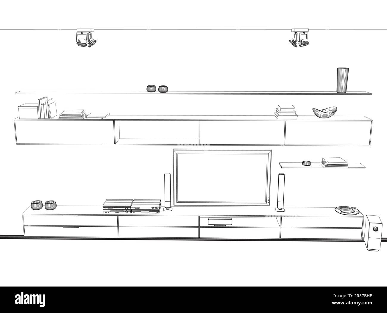 Contour intérieur d'un salon blanc. Décoration intérieure avec salon moderne, dessin au trait noir sur fond blanc, illustration vectorielle. Illustration de Vecteur