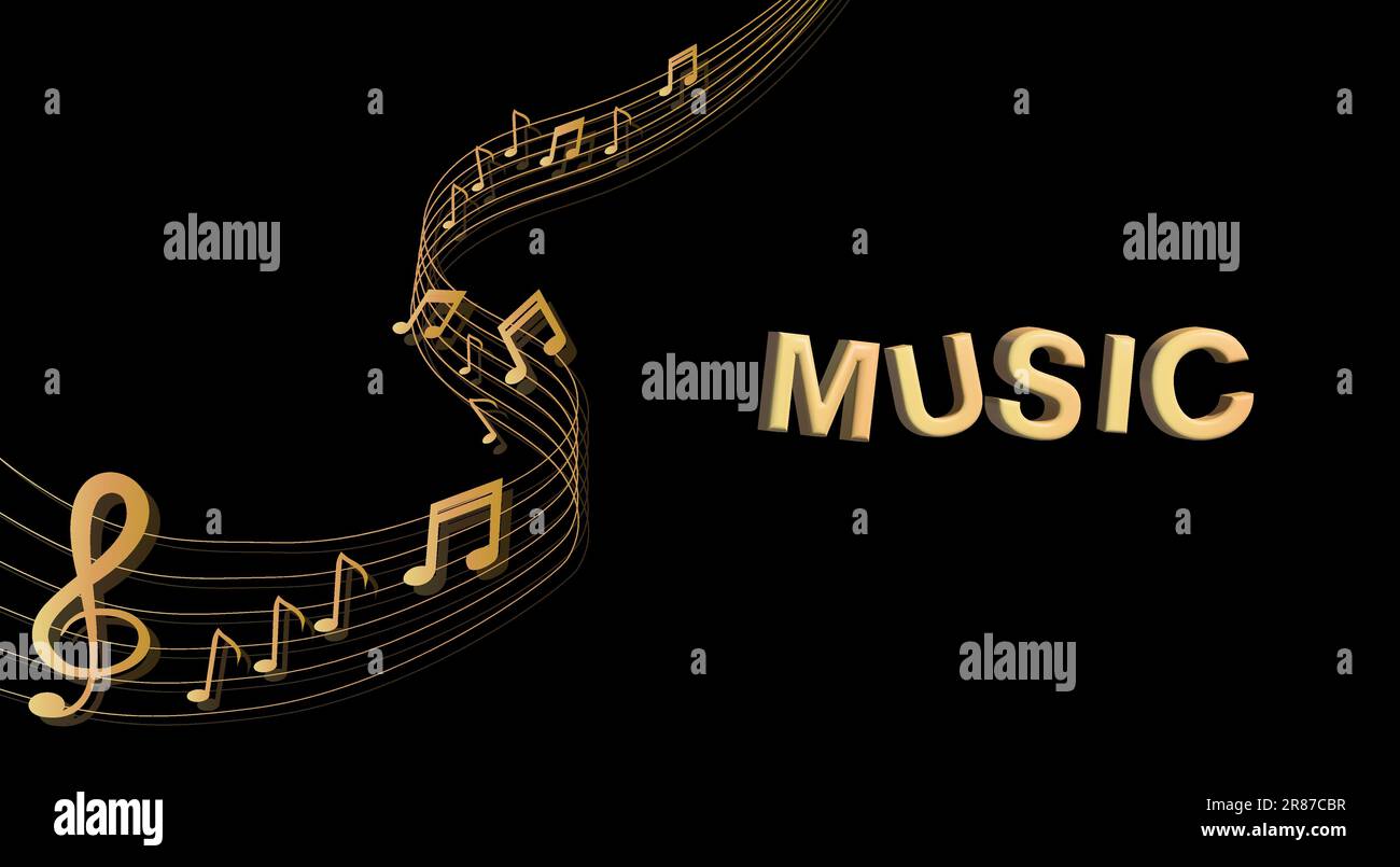 Fond musical avec clef et notes et 3D effets en tons d'or sur fond noir Illustration de Vecteur