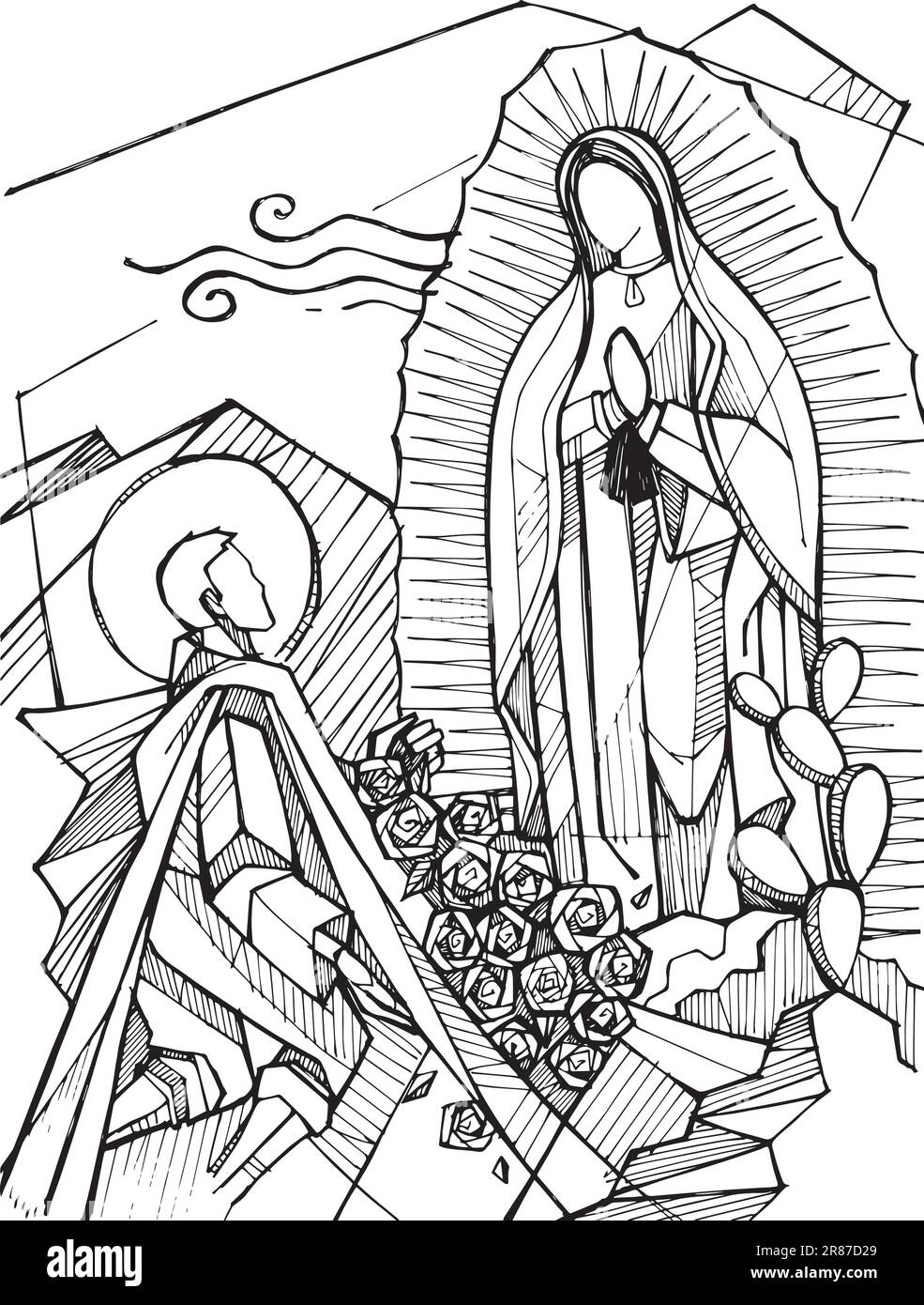 Illustration vectorielle ou dessin à la main de la Vierge de Guadalupe et de Juan Diego Illustration de Vecteur