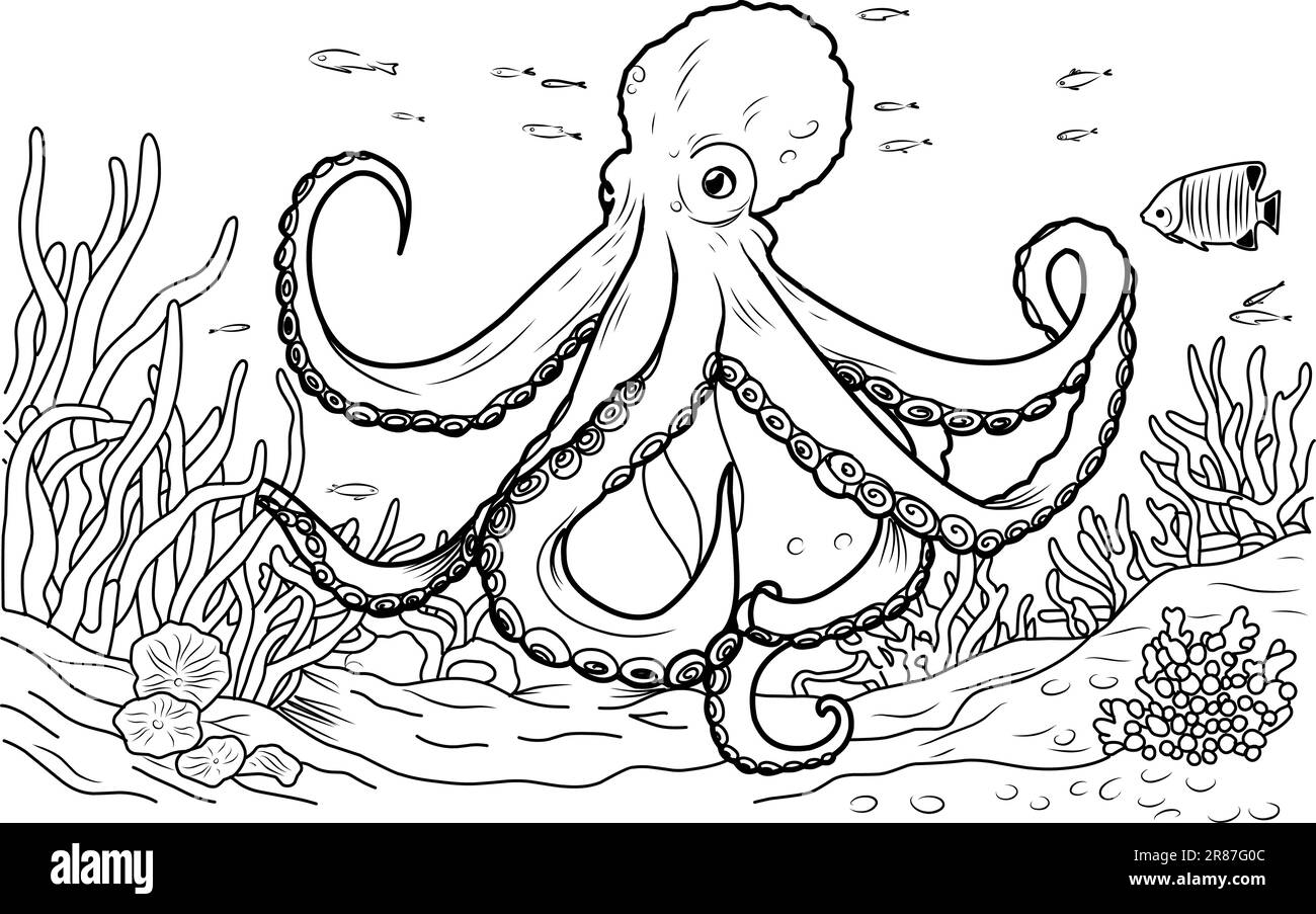 Livre de coloriage de poulpe. Page de coloriage simple ligne d'illustration de poulpe et du monde sous-marin Illustration de Vecteur