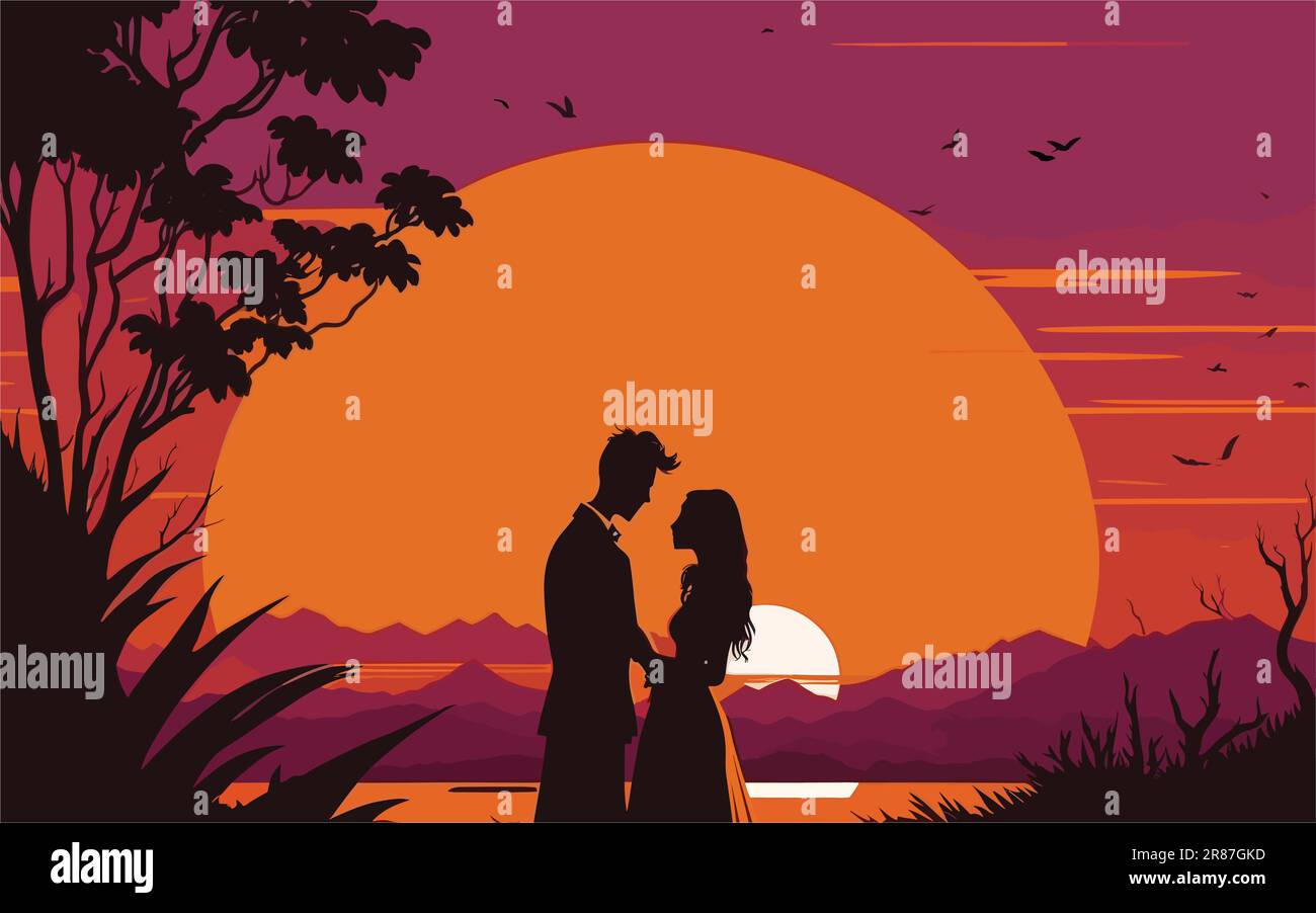 illustration présentant une scène romantique de coucher de soleil. silhouette d'un couple debout ensemble, en regardant le coucher du soleil. affiches romantiques, thème relationnel Illustration de Vecteur