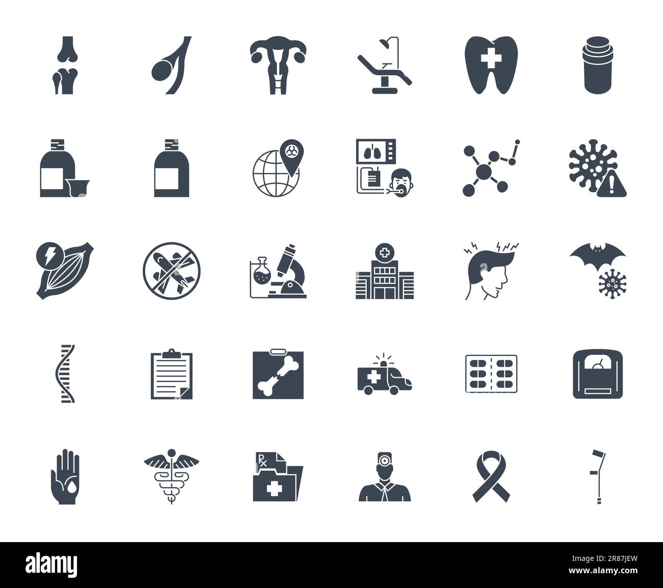 Jeu d'icônes vecteur médical. Icônes de glyphe, signe et symboles dans Solid Design. Médecine, soins de santé et pandémie de coronavirus COVID 19. Concepts mobiles et Illustration de Vecteur