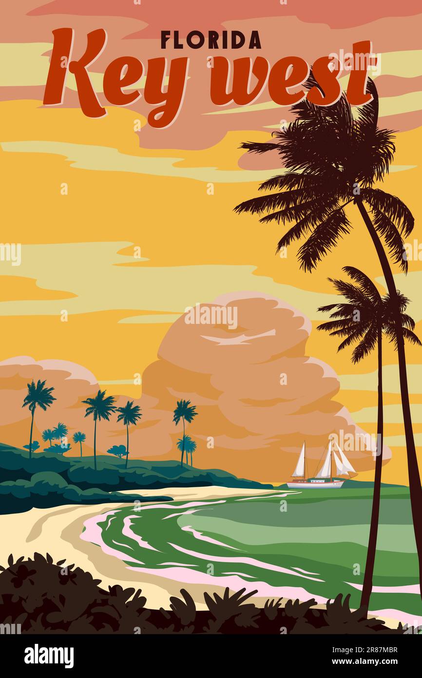 Affiche rétro Key West Florida Beach. Palm sur la plage, voilier, côte, surf, océan Illustration de Vecteur