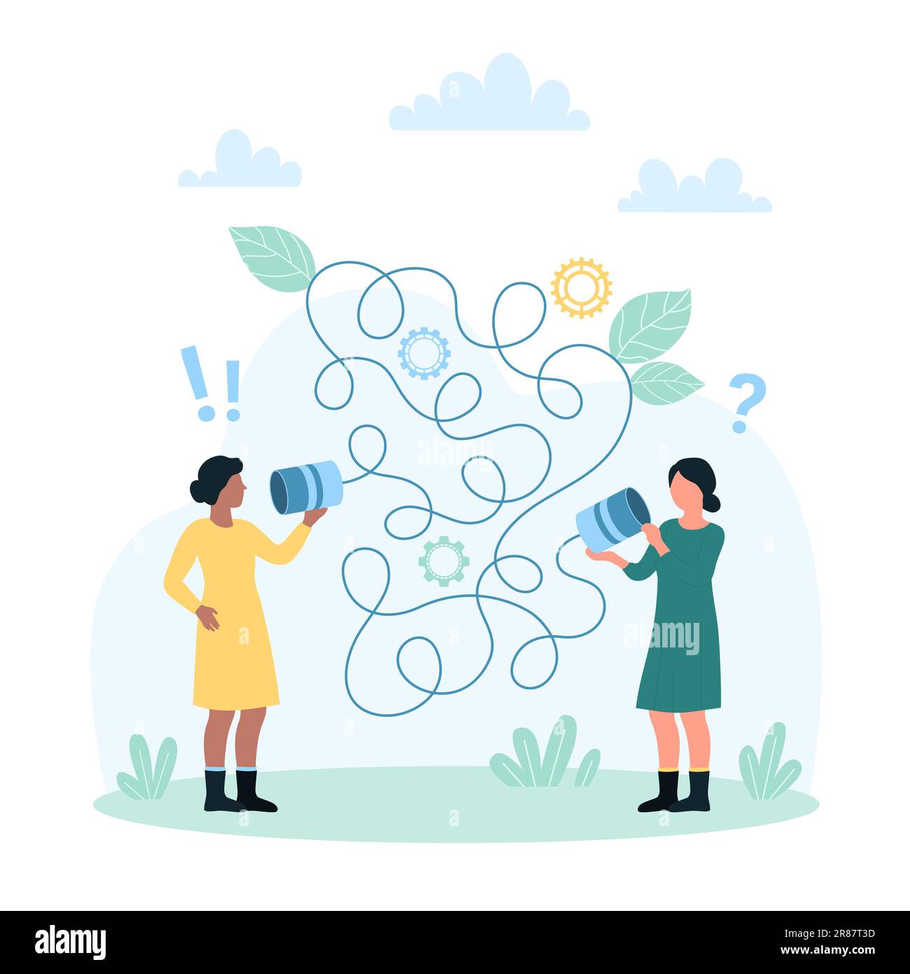Illustration de vecteur de communication incorrecte. Caricature les petites filles avec l'étain peuvent téléphone ont une barrière de mauvaise communication, confus femmes amis écoutant le téléphone sur la corde de réseau emmêlée et malentendu Illustration de Vecteur