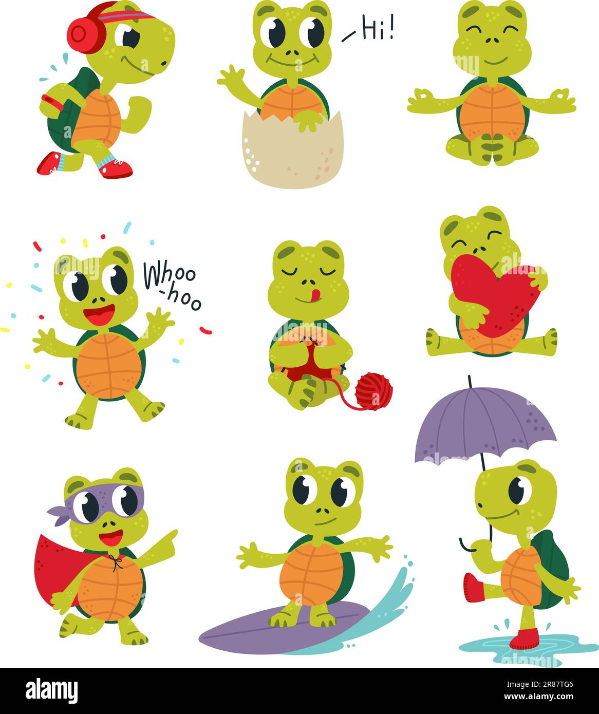 Tortues de bande dessinée, tortue de bande dessinée de marche. Bonne tortue drôle différentes poses. Mignon animaux de mer repos et jogging, passe-temps et amour personnages de vecteur de classe Illustration de Vecteur