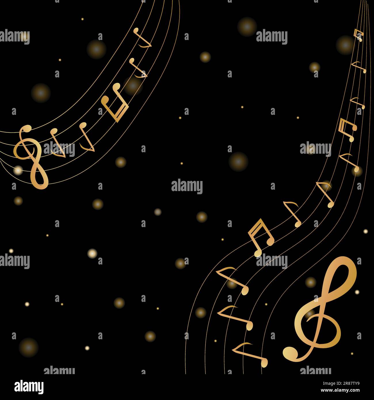 Fond musical avec clef et notes et 3D effets en tons d'or sur fond noir Illustration de Vecteur