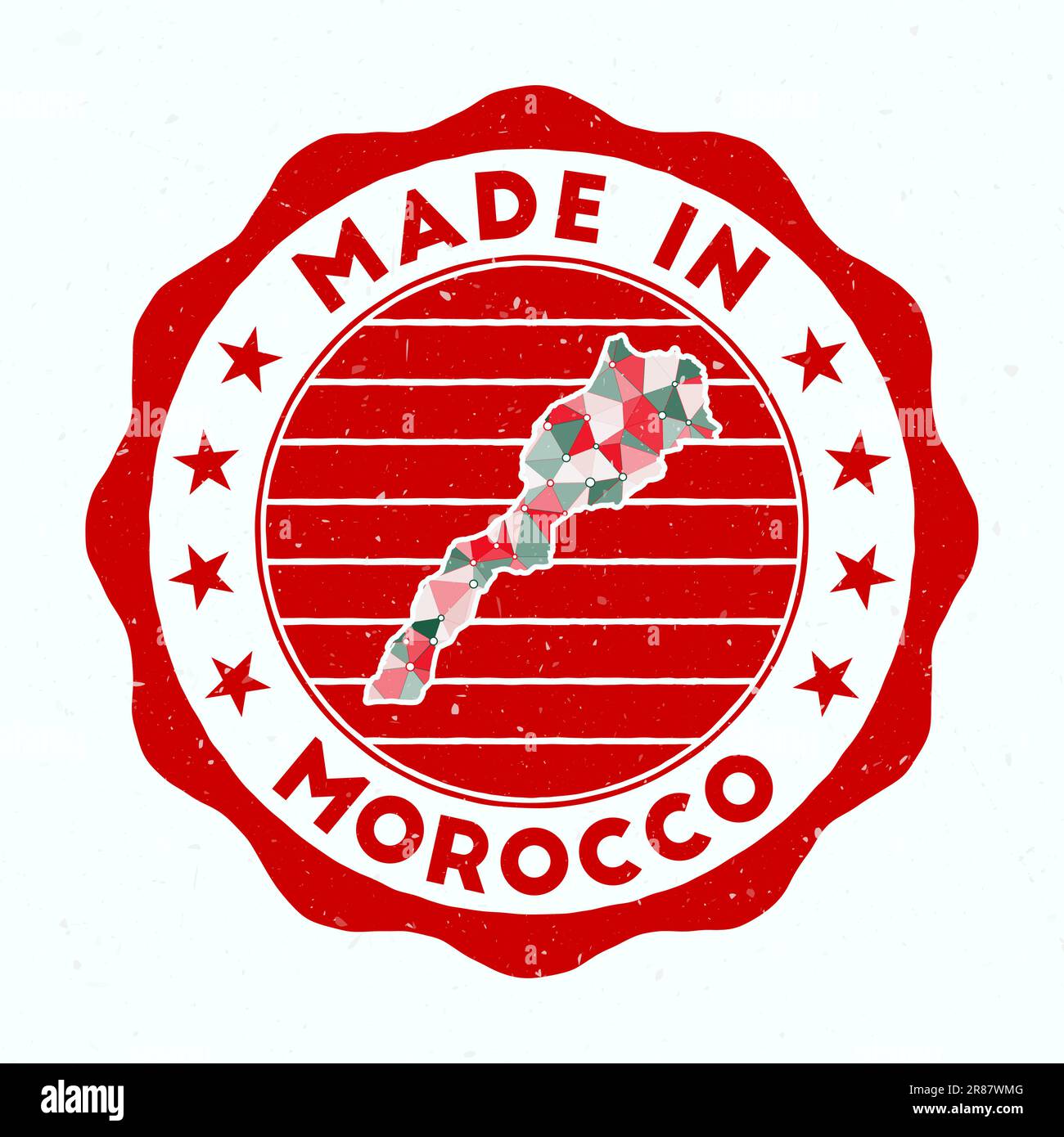 Fabriqué au Maroc. Timbre rond de pays. Sceau du Maroc avec forme de frontière. Badge vintage avec texte circulaire et étoiles. Illustration vectorielle. Illustration de Vecteur