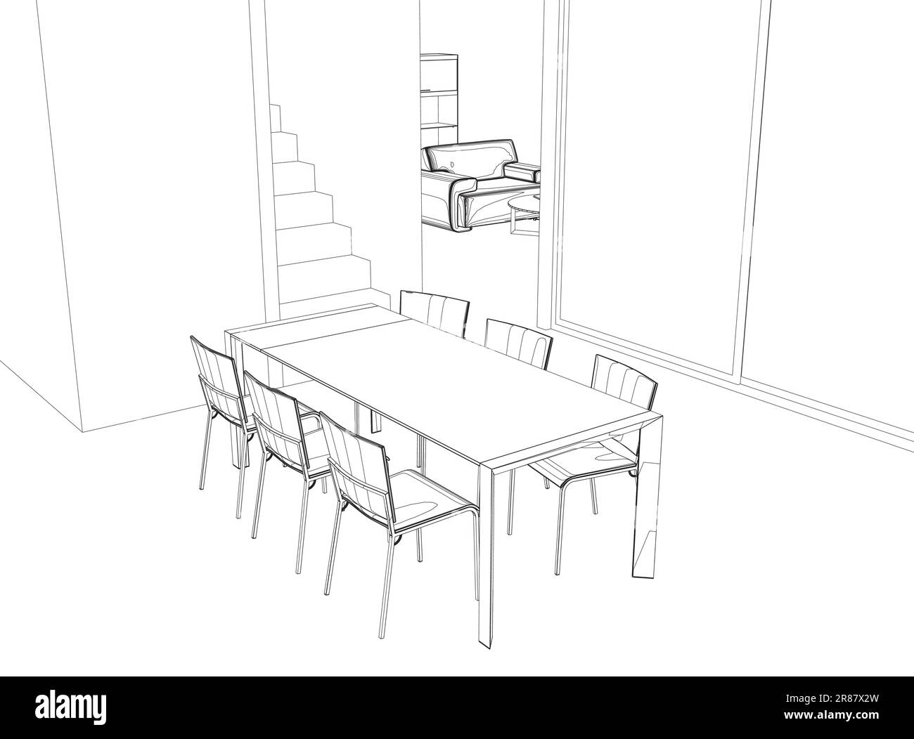 Outline salle à manger maison intérieur graphique noir blanc esquisse illustration vecteur. Table à manger et chaises en style dessin d'art de contour. Style classique Illustration de Vecteur