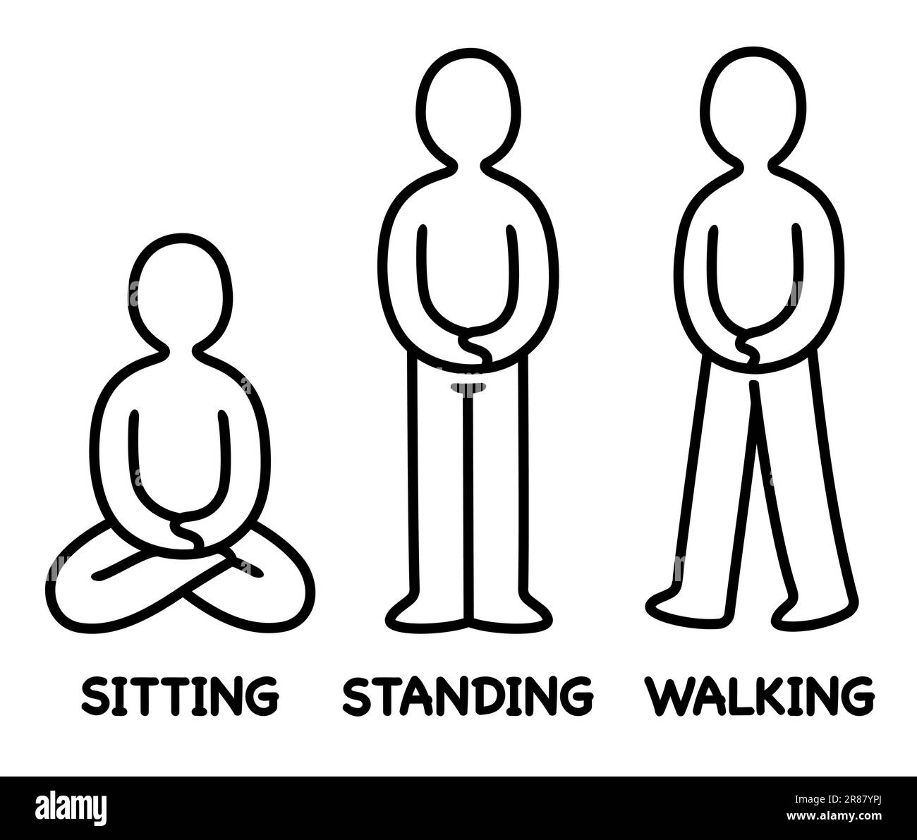 La méditation pose l'icône de doodle, simple dessin de figure dessiné à la main. Pratique de méditation assise, debout, de marche. Illustration vectorielle de dessin au trait. Illustration de Vecteur