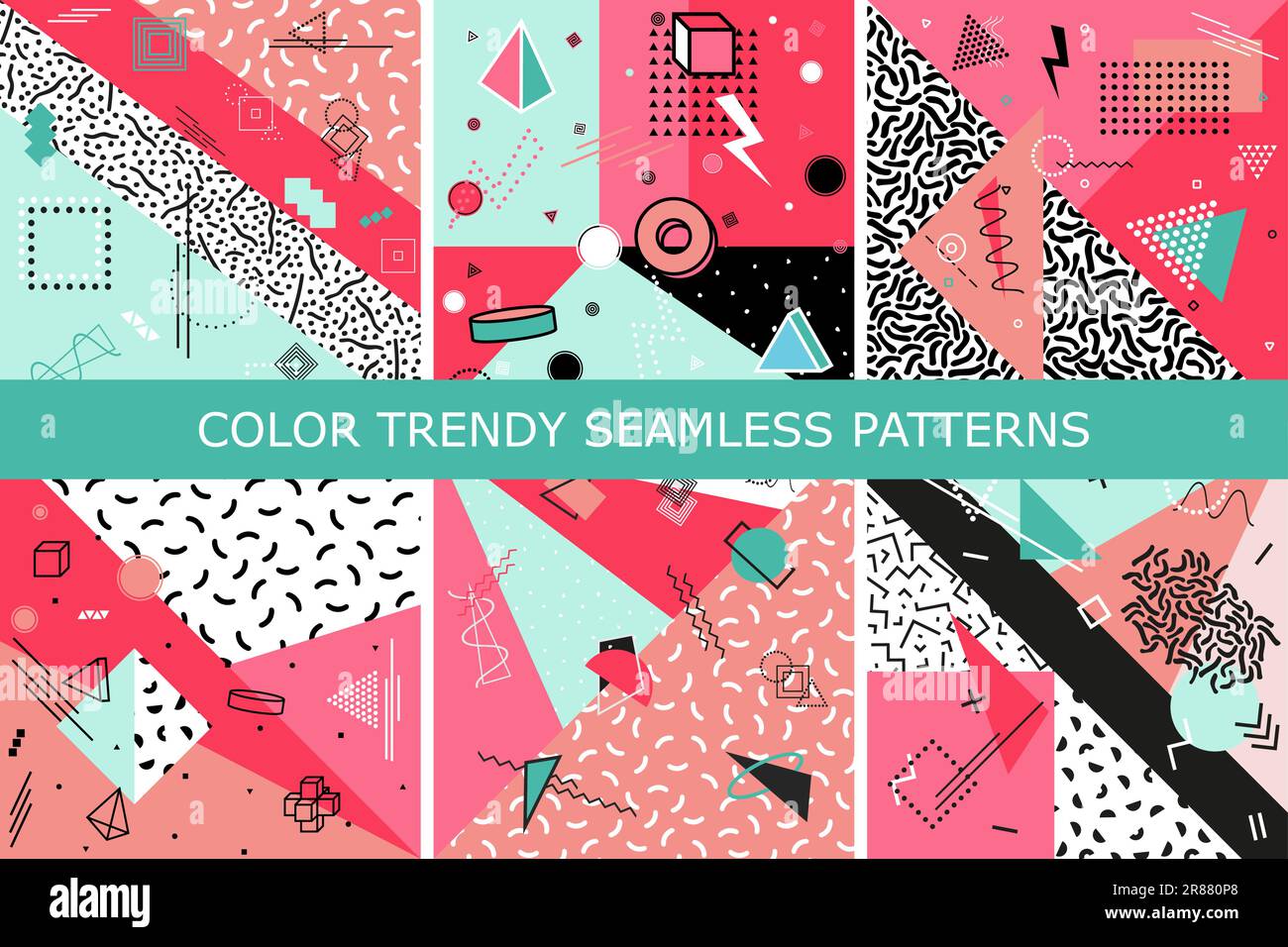 Ensemble de motifs abstraits vectoriels avec formes géométriques. Arrière-plans tendance et lumineux. Style rétro, mode 80-90s. Illustration de Vecteur