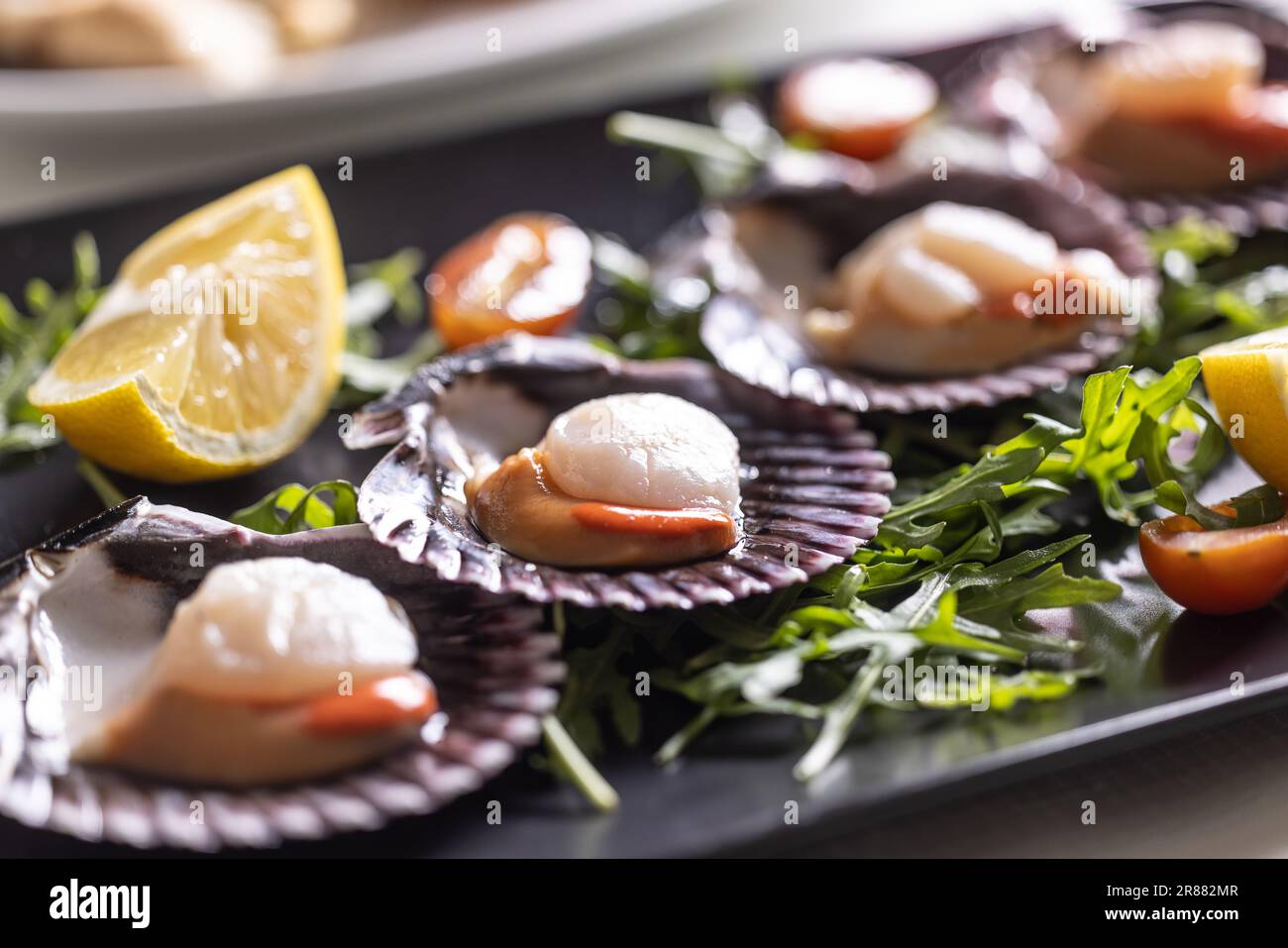 Moules Saint Jacob faites dans un restaurant italien servi sur une assiette et des coquilles Saint-Jacques. Banque D'Images