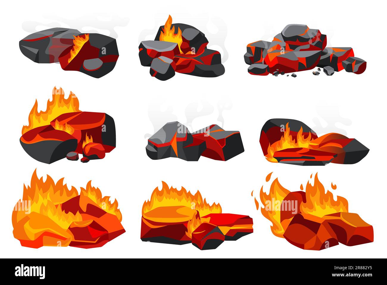 Illustration de la combustion du charbon avec un vecteur de feu. Morceaux de charbon de bois noir isolés de dessin animé et brûlage de morceaux chauds dans la cheminée avec des flammes et de la fumée, des émbres incandescents et des pierres orange flamboyantes du four à grill Illustration de Vecteur