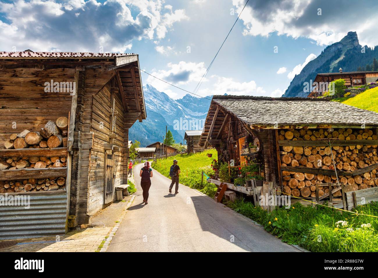 Chalets traditionnels en bois avec bûches de feu au village agricole de Gimmelwald, Swizterland Banque D'Images