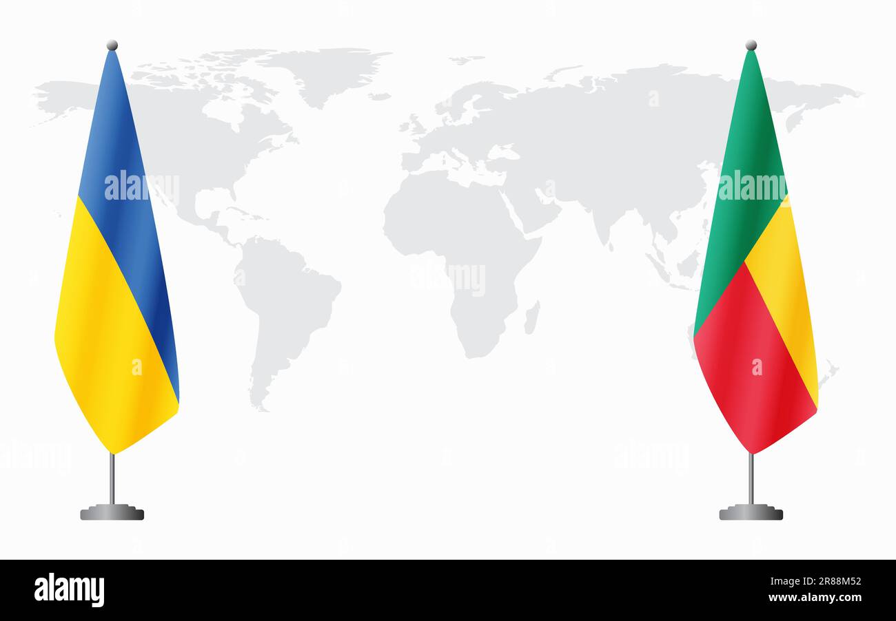 Drapeau de l'Ukraine et du Bénin pour une réunion officielle sur fond de carte du monde. Illustration de Vecteur