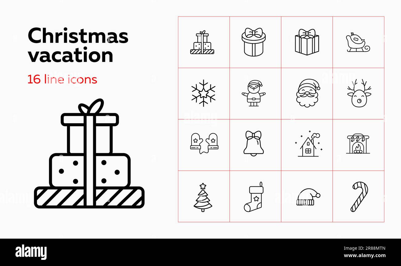 Ensemble d'icônes de la ligne de Noël. Maison, mitaines, Père Noël. Concept de célébration. Peut être utilisé pour des sujets tels que la veille de Noël, la fête à la maison, les cadeaux de don Illustration de Vecteur